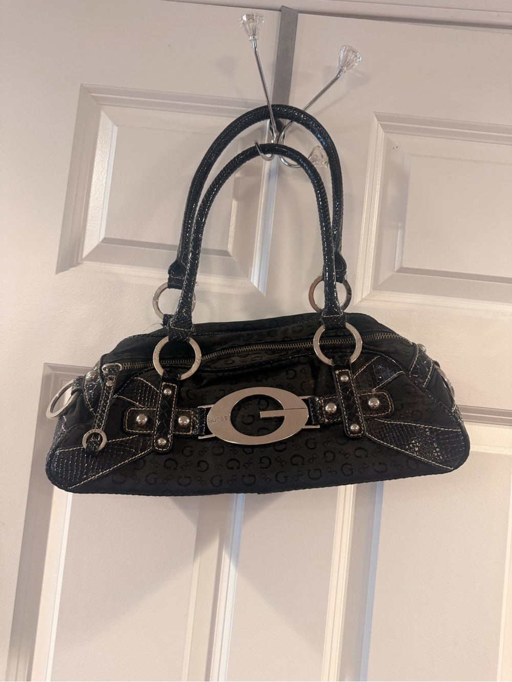 Vintage Y2K Guess Black Monogram Shoulder Bag Faux Croc Silver G Buckle